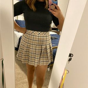 Tan Plaid Pleated Mini Skirt